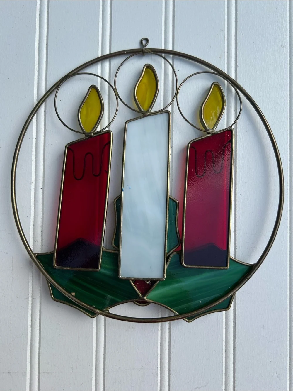 Vintage Stained Glass Candle Wreath Holly Red Green White Christmas Hang 9 Inch
